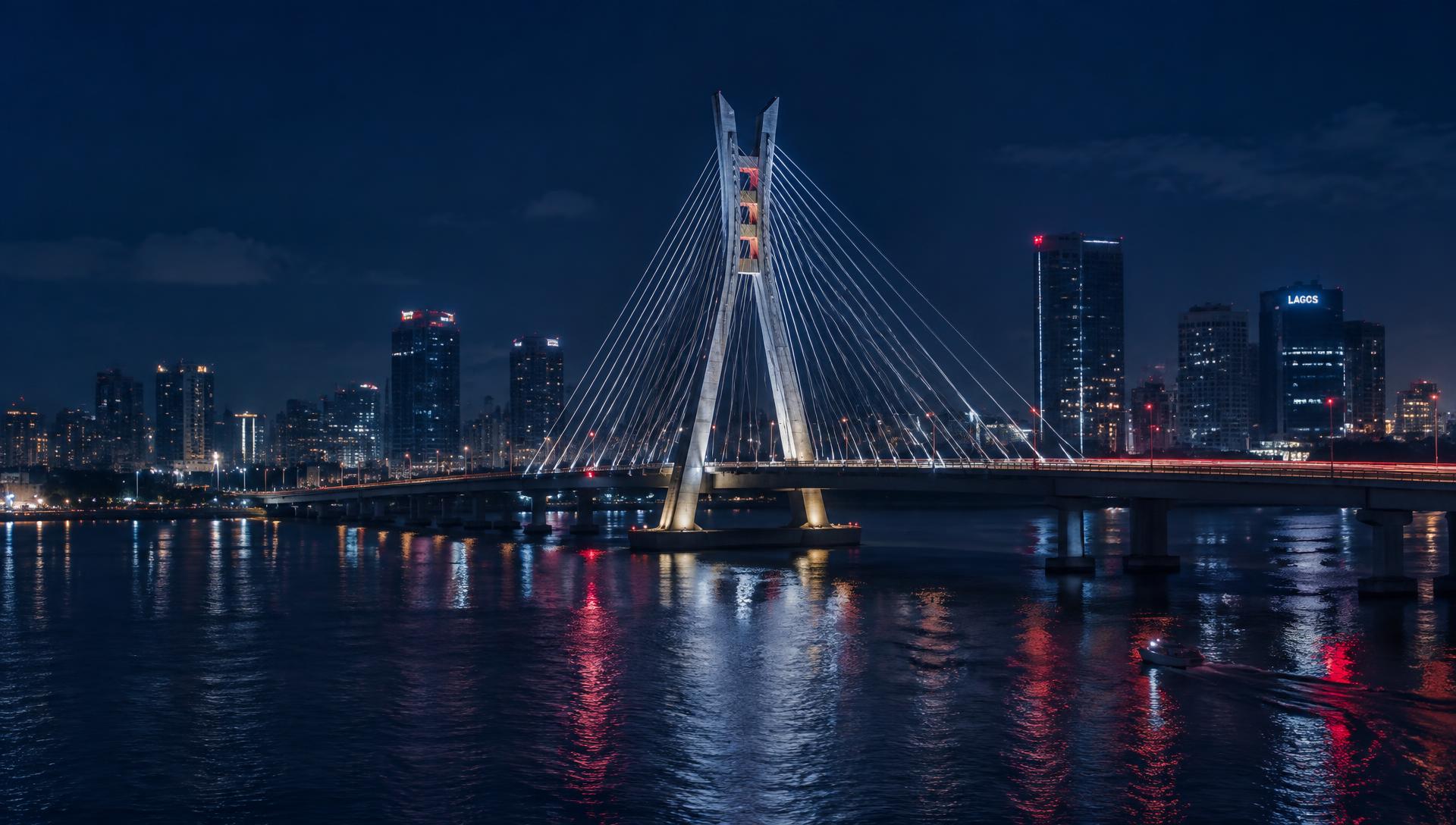 Lagos bridge and skyline at night